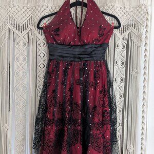 Ruby Rox Halter Top Dress Sz Med Red with Sheer Black Lace Overlay